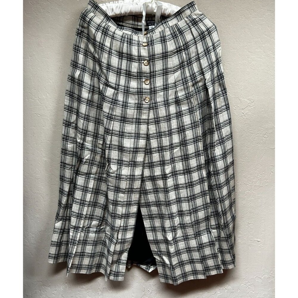 Madrigal Women Linen A-Line Midi Skirt Size 1 Button Front Slit Plaid Gray Black